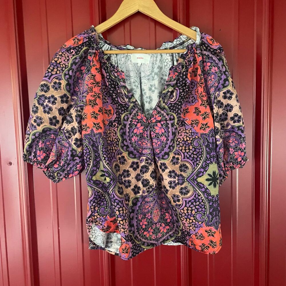 XiRENA Multicolor Paisley Puff-Sleeve Blouse - Purple, Pink, Orange, Black